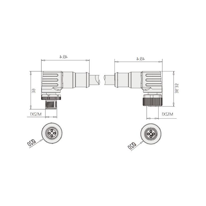 M12 4Pin T-coded, female 90° to male 90°, double end pre-cast PVC non-flexible cable, grey sheath, 64TD61-XXX